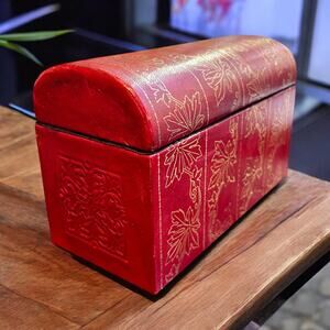 Red Tooled Leather Box-Gold Embossed-Black Velvet-Chinoiserie-Vintage-Dresser